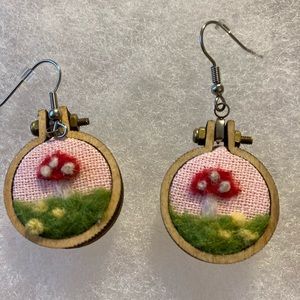 Mini mushroom embroidery hoop earrings